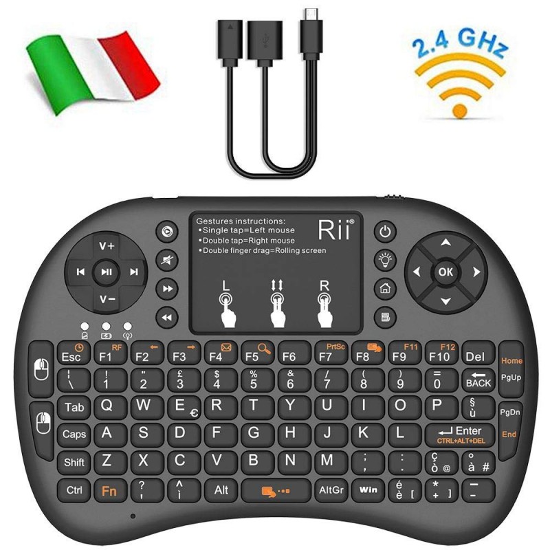 Rii Mini i8+ V2 Wireless + Cavo Rii OTG F1 - Mini Tastiera Retroilluminata  con Mouse Touchpad